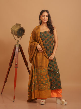 Forest Green And Mustard Combination Pure Cambric Cotton Dress Material With Authentic Ajrakh Print, Kantha Work And Mirror Highlights