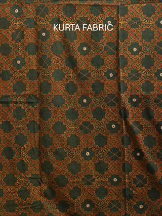 Forest Green And Mustard Combination Pure Cambric Cotton Dress Material With Authentic Ajrakh Print, Kantha Work And Mirror Highlights