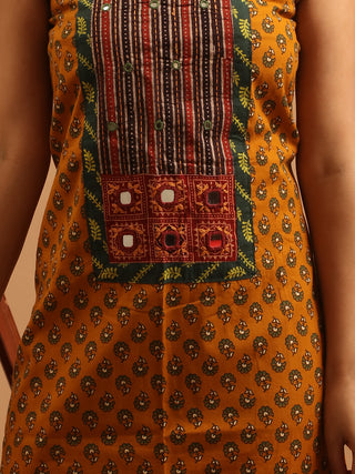 Forest Green And Mustard Combination Pure Jaipur Cotton Dress Material With Semi-Natural Ajrakh Print And Gamthi Patchwork
