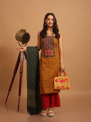 Forest Green And Mustard Combination Pure Jaipur Cotton Dress Material With Semi-Natural Ajrakh Print And Gamthi Patchwork