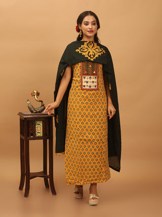 Dark Forest Green And Mustard Combination Pure Jaipur Cotton Dress Material With Semi-Natural Ajrakh Print And Gamthi Patchwork
