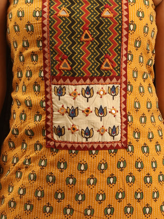 Dark Forest Green And Mustard Combination Pure Jaipur Cotton Dress Material With Semi-Natural Ajrakh Print And Gamthi Patchwork