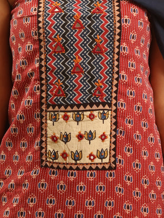 Dark Midnight Blue And Brick Red Combination Pure Jaipur Cotton Dress Material With Semi-Natural Ajrakh Print And Gamthi Patchwork