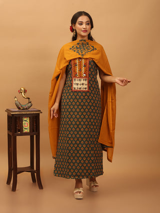 Dark Forest Green And Mustard Combination Pure Jaipur Cotton Dress Material With Semi-Natural Ajrakh Print And Gamthi Patchwork