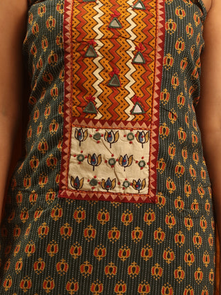 Dark Forest Green And Mustard Combination Pure Jaipur Cotton Dress Material With Semi-Natural Ajrakh Print And Gamthi Patchwork