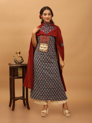 Indigo Blue And Maroon Combination Pure Jaipur Cotton Dress Material With Semi-Natural Ajrakh Print And Gamthi Patchwork