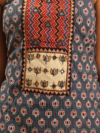 Indigo Blue And Maroon Combination Pure Jaipur Cotton Dress Material With Semi-Natural Ajrakh Print And Gamthi Patchwork