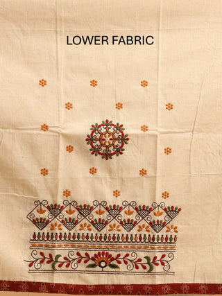 Madder Red And Off-White Combination Pure Cambric Cotton Dress Material With Authentic Ajrakh Print And Gamthi Patchwork