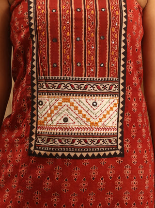 Madder Red And Off-White Combination Pure Cambric Cotton Dress Material With Authentic Ajrakh Print And Gamthi Patchwork