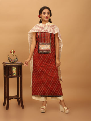 Madder Red And Off-White Combination Pure Cambric Cotton Dress Material With Authentic Ajrakh Print And Gamthi Patchwork