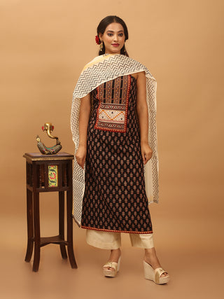 Black And Off-White Combination Pure Cambric Cotton Dress Material With Authentic Ajrakh Print And Gamthi Patchwork