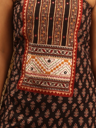 Black And Off-White Combination Pure Cambric Cotton Dress Material With Authentic Ajrakh Print And Gamthi Patchwork