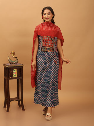 Indigo Blue And Madder Combination Gamthi Cotton Dress Material In Angrakha Pattern With Kutchi Embroidery