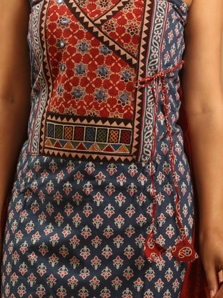 Indigo Blue And Madder Combination Gamthi Cotton Dress Material In Angrakha Pattern With Kutchi Embroidery