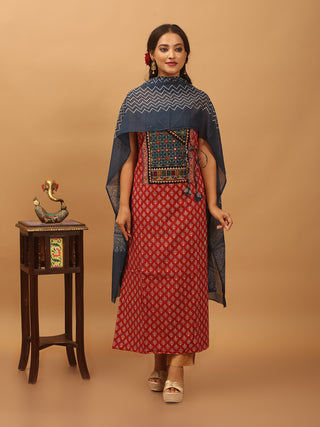 Madder Red And Indigo Blue Combination Gamthi Cotton Dress Material In Angrakha Pattern With Kutchi Embroidery