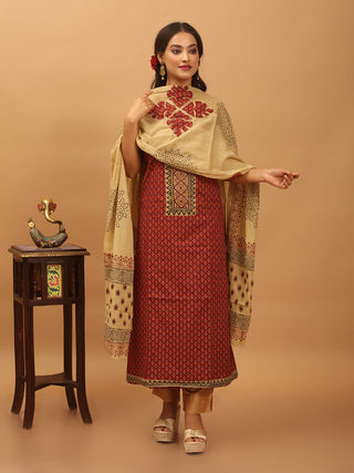 Madder Red And Beige Combination Pure Jaipur Cotton Dress Material With Semi-Natural Ajrakh Print And Patchwork