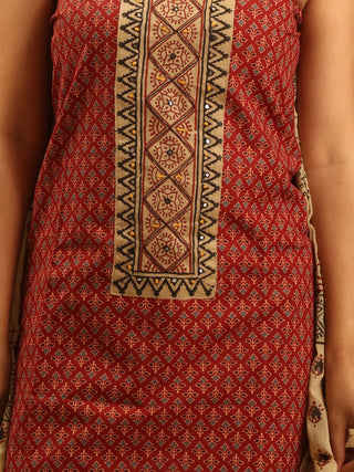 Madder Red And Beige Combination Pure Jaipur Cotton Dress Material With Semi-Natural Ajrakh Print And Patchwork