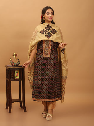 Black And Beige Combination Pure Jaipur Cotton Dress Material With Semi-Natural Ajrakh Print And Patchwork