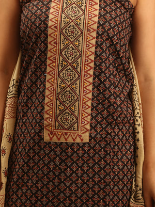 Black And Beige Combination Pure Jaipur Cotton Dress Material With Semi-Natural Ajrakh Print And Patchwork