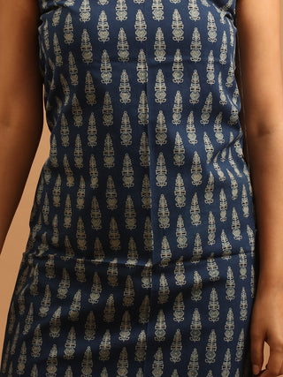 Indigo Blue And Black Combination Pure Jaipur Cotton Dress Material With Semi-Natural Ajrakh Print And Kantha Embroidered Dupatta