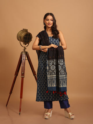 Indigo Blue And Black Combination Pure Jaipur Cotton Dress Material With Semi-Natural Ajrakh Print And Kantha Embroidered Dupatta