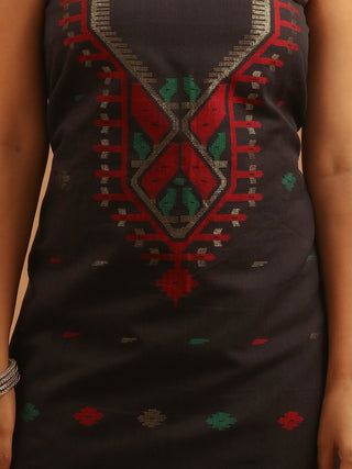 Black Pure Handloom Cotton Three-Piece Dress Material With Multi-colour Jamdani Weaves