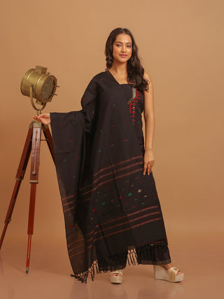 Black Pure Handloom Cotton Three-Piece Dress Material With Multi-colour Jamdani Weaves