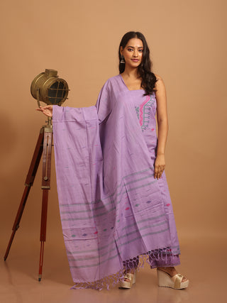 Lavender Colour Pure Handloom Cotton Three-Piece Dress Material With Multi-colour Jamdani Weaves