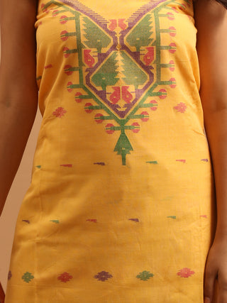 Golden Yellow Pure Handloom Cotton Three-Piece Dress Material With Multi-colour Jamdani Weaves