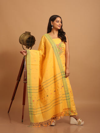 Golden Yellow Pure Handloom Cotton Three-Piece Dress Material With Multi-colour Jamdani Weaves
