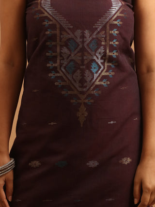 Dark Coffee Brown Pure Handloom Cotton Three-Piece Dress Material With Multi-colour Jamdani Weaves