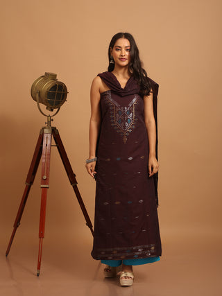 Dark Coffee Brown Pure Handloom Cotton Three-Piece Dress Material With Multi-colour Jamdani Weaves