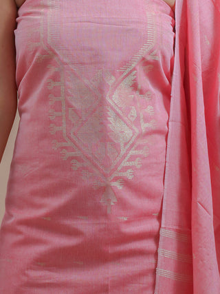 Light Pink Pure Handloom Cotton Three-Piece Dress Material With Light Golden Zari Jamdani Weaves