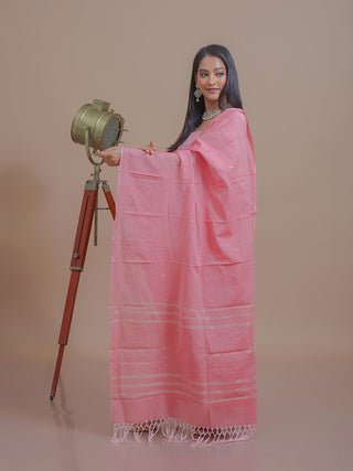 Light Pink Pure Handloom Cotton Three-Piece Dress Material With Light Golden Zari Jamdani Weaves