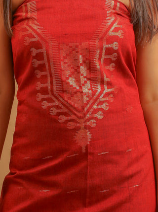 Maroonish Red Pure Handloom Cotton Three-Piece Dress Material With Light Golden Zari Jamdani Weaves