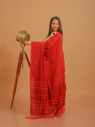 Maroonish Red Pure Handloom Cotton Three-Piece Dress Material With Light Golden Zari Jamdani Weaves