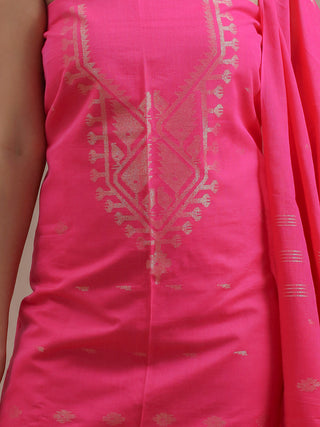 Fuchsia Pure Handloom Cotton Three-Piece Dress Material With Light Golden Zari Jamdani Weaves