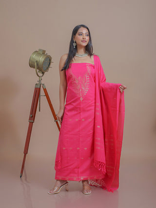 Fuchsia Pure Handloom Cotton Three-Piece Dress Material With Light Golden Zari Jamdani Weaves