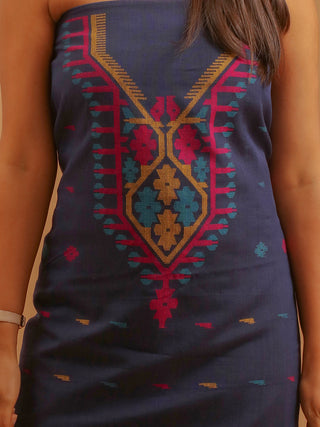 Navy Blue Pure Handloom Cotton Three-Piece Dress Material With Multicolour Jamdani Weaves