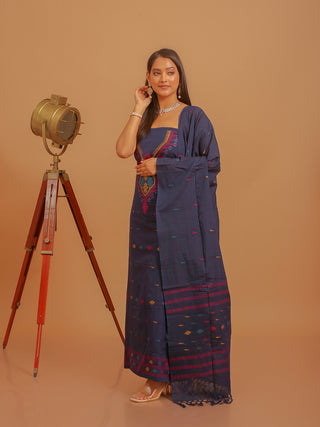 Navy Blue Pure Handloom Cotton Three-Piece Dress Material With Multicolour Jamdani Weaves