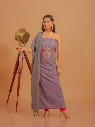 Mauve Pure Handloom Cotton Three-Piece Dress Material With Multicolour Jamdani Weaves