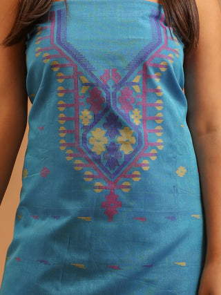 Sky-Blue Pure Handloom Cotton Three-Piece Dress Material With Multicolour Jamdani Weaves