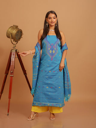 Sky-Blue Pure Handloom Cotton Three-Piece Dress Material With Multicolour Jamdani Weaves