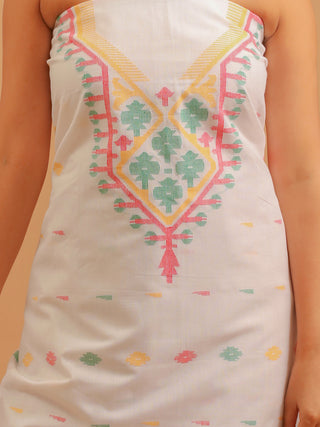 White Pure Handloom Cotton Three-Piece Dress Material With Multicolour Jamdani Weaves
