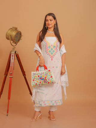 White Pure Handloom Cotton Three-Piece Dress Material With Multicolour Jamdani Weaves