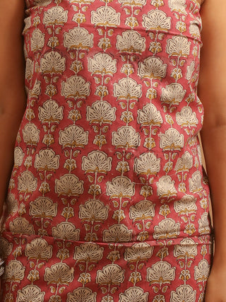 Brick-Red And Beige Three-Piece Jaipur Cotton Dress Material With Bagru Print