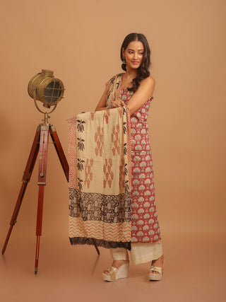 Brick-Red And Beige Three-Piece Jaipur Cotton Dress Material With Bagru Print