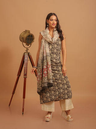 Black & Beige Three-Piece Jaipur Cotton Dress Material With Bagru Print