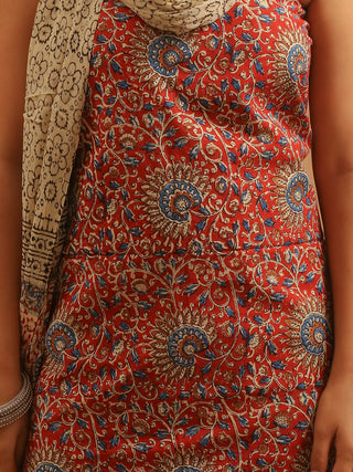 Red, Beige And Indigo Blue Three-Piece Jaipur Cotton Dress Material With Bagru Print