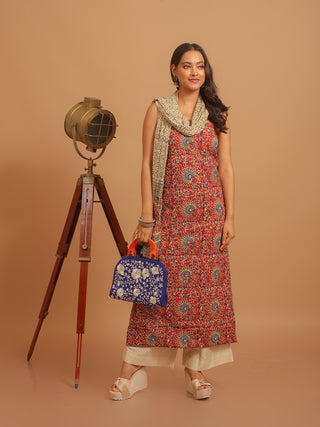 Red, Beige And Indigo Blue Three-Piece Jaipur Cotton Dress Material With Bagru Print
